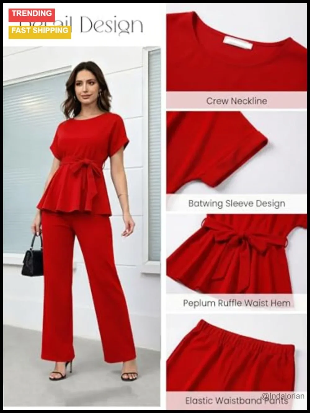 Women's 2pc Peplum Top Flared Pants Set Polyester Spandex